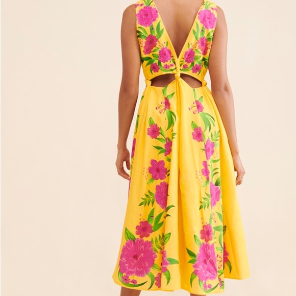 Farm Rio Romantic Garden Yellow & Pink Floral Linen Midi Dress XL - Picture 3 of 8